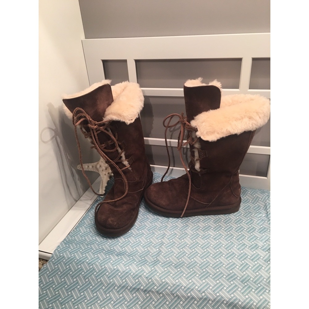Ugg Australia Womens Brown Suede Lace Up Riding Boots Ivory Sherpa Size 7